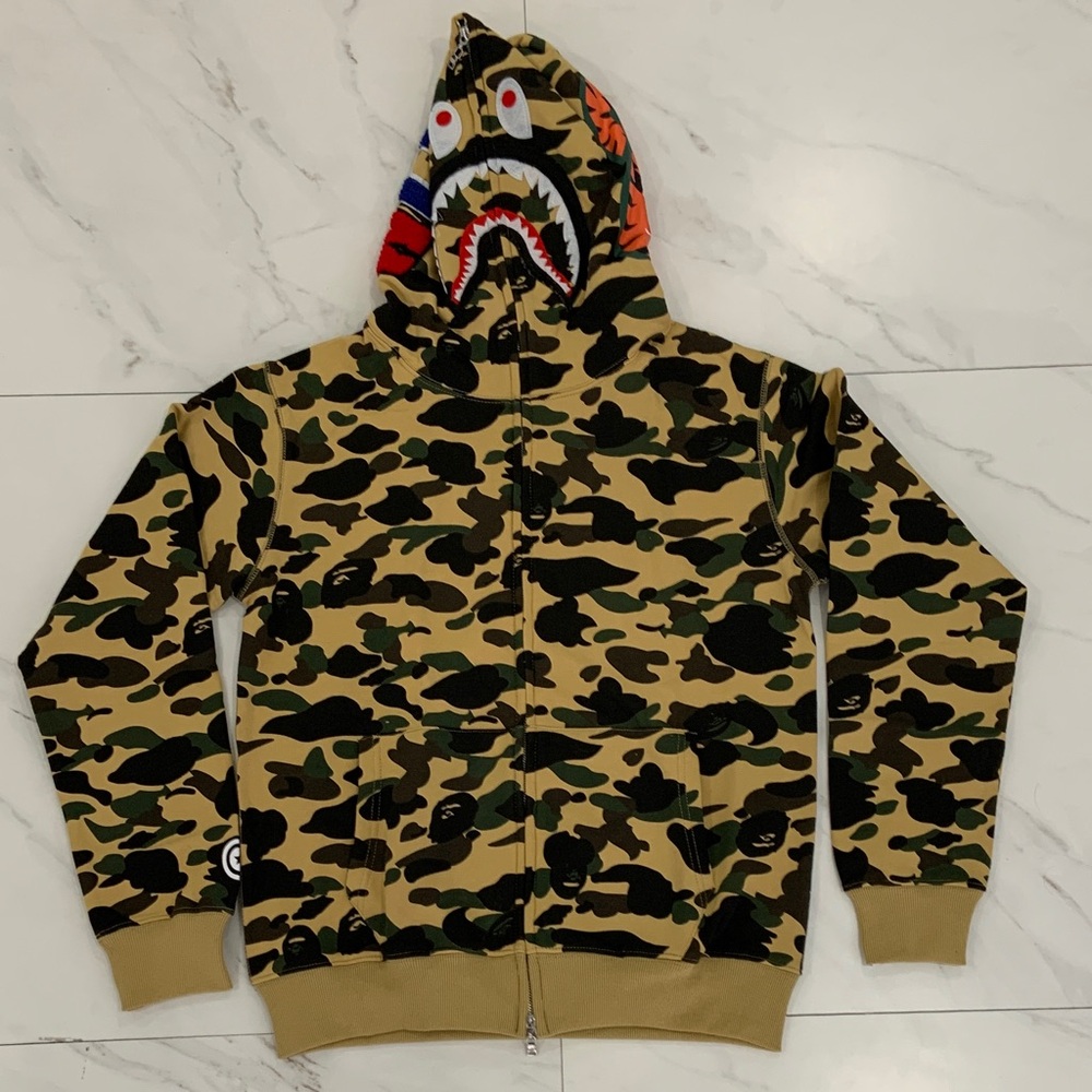 BAPE WGM Tiger Shark Head Yellow Camo Full Zip-Up Hoodie Men’s Size Large